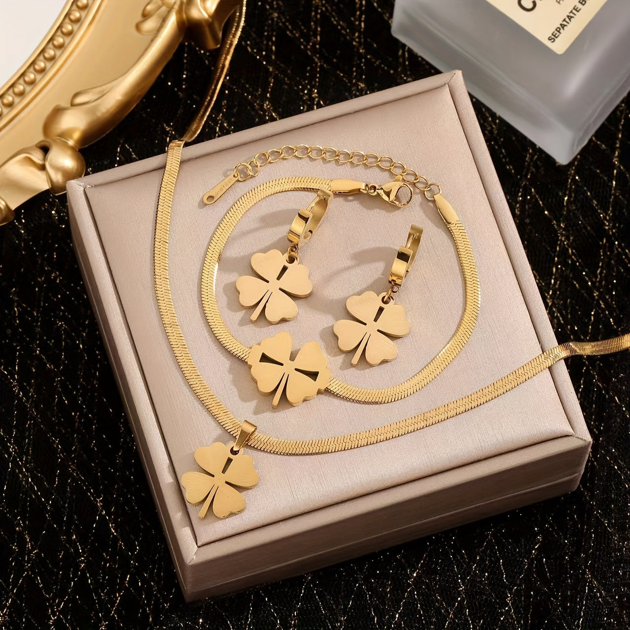 Classic Four-Leaf Clover Jewelry Set, Made with 18K Gold Plated Stainless Steel - Set of 4 Pieces: 1 Necklace, 1 Bracelet, and 2 Earrings Perfect for Everyday Wear - Simple Design with No Gemstone Inlay