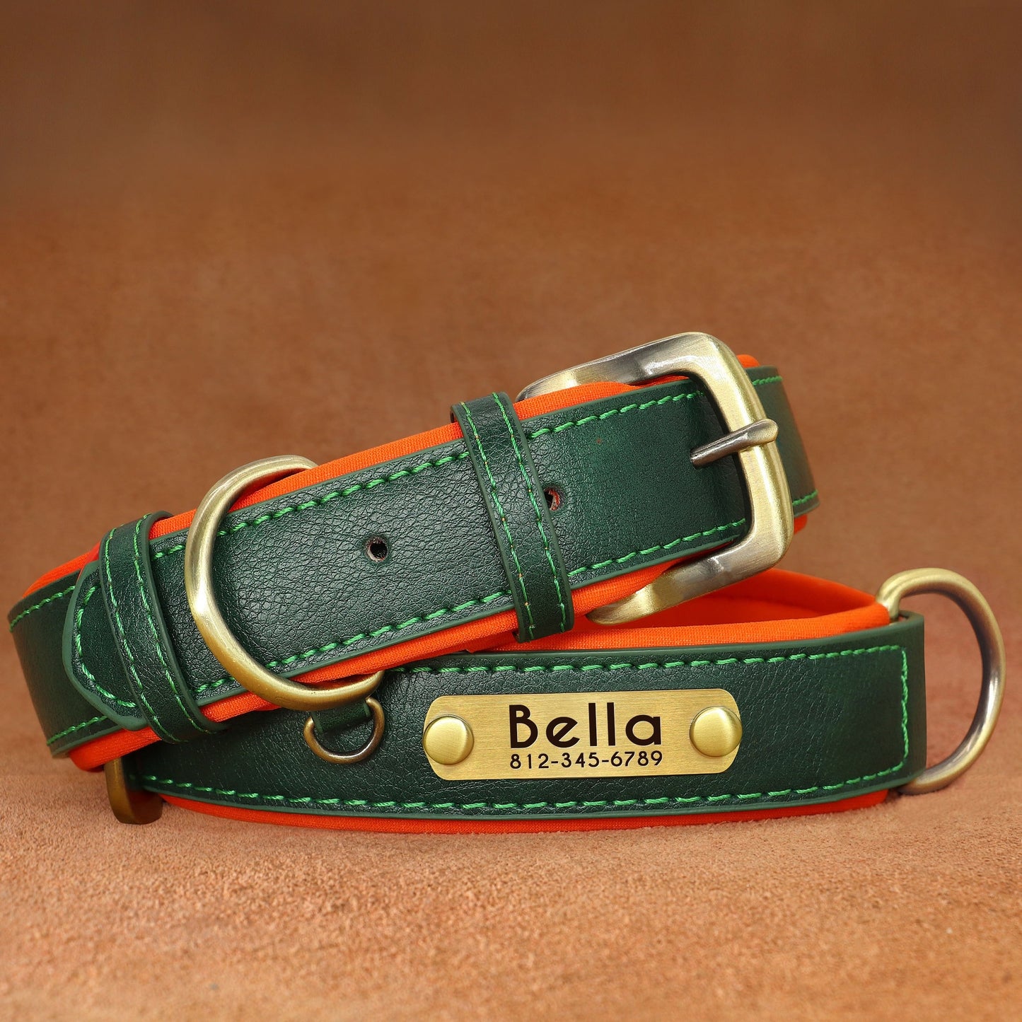 Customized Dog Collar made with faux leather, neoprene padding, and durable nameplate for small to medium dogs.