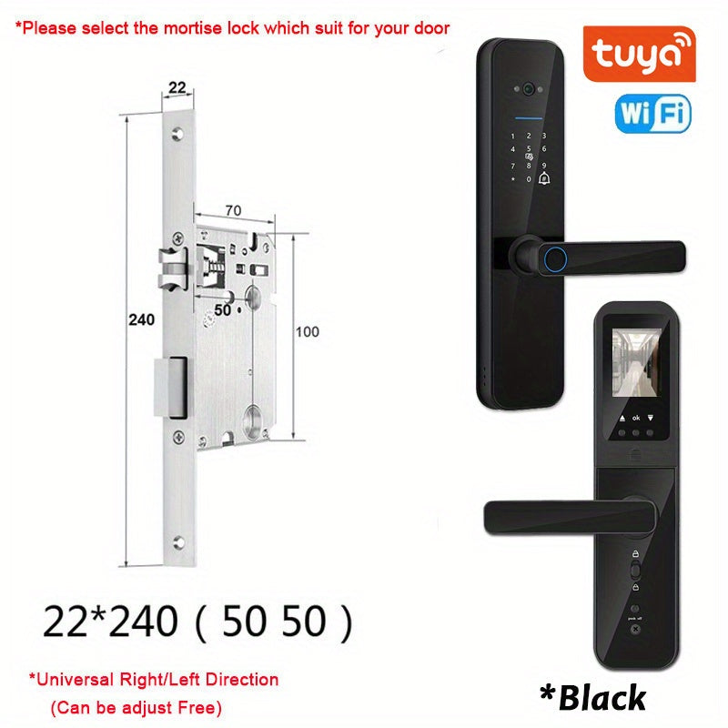 Smart door lock with biometric camera, fingerprint, smart card, password, and key unlock.