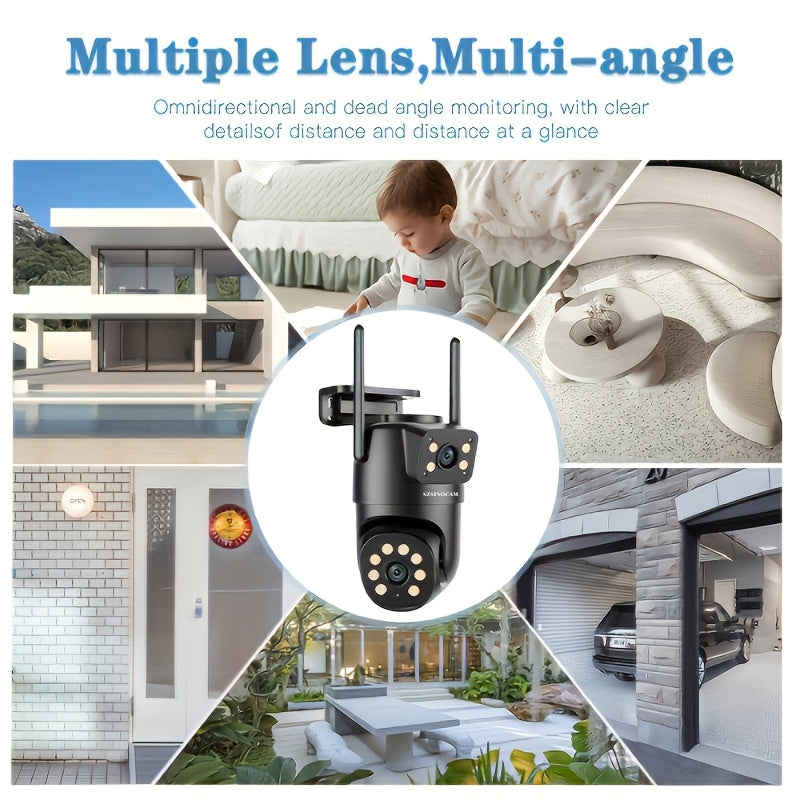 Outdoor surveillance system with HD dual lens WiFi camera featuring pan/tilt, night vision, motion alerts, two-way audio, USB power, and app control.