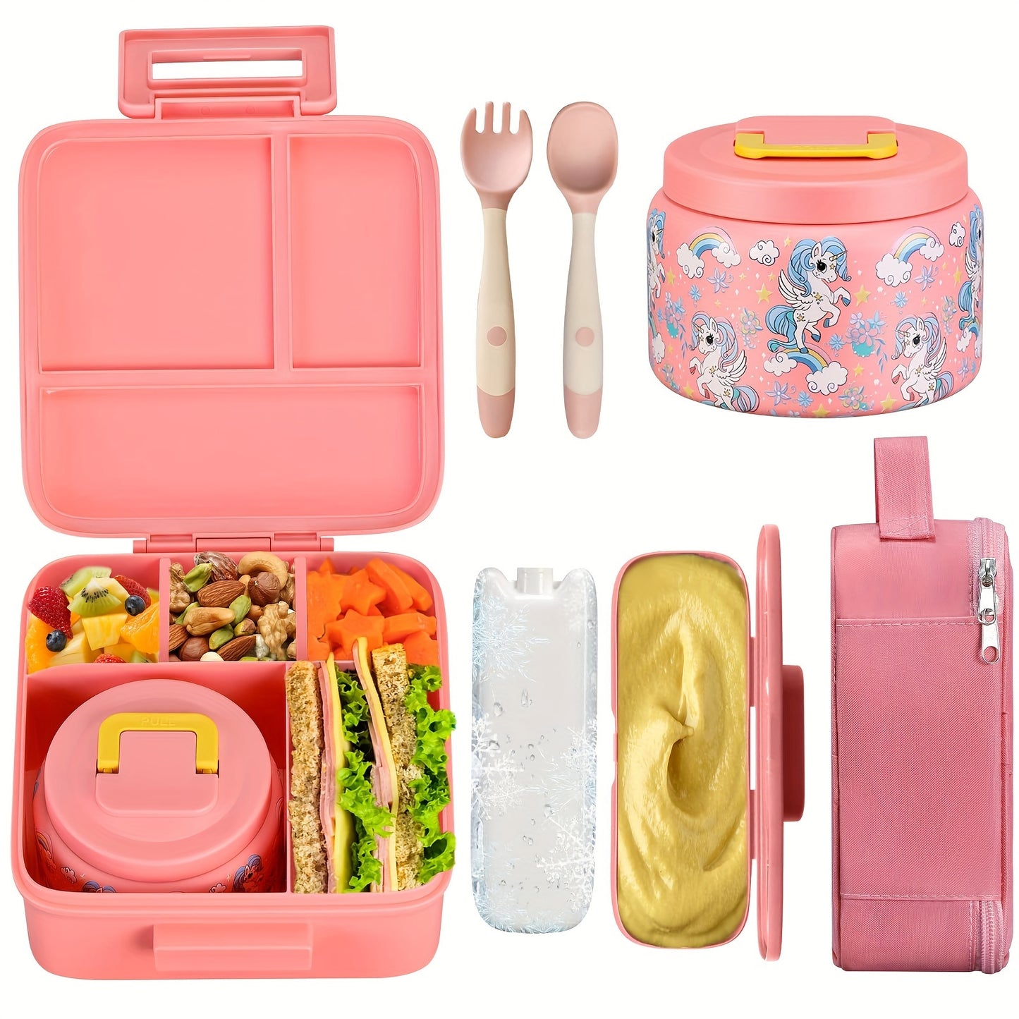 Kids' Bento Box Set with insulated food jar, lunch bag, ice pack, and utensils. Leak-proof container with 5 compartments, perfect for school or work.