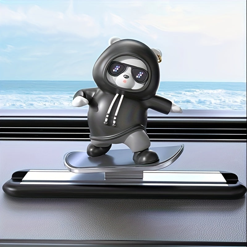 Skateboarding Panda Car Dashboard Decor with Fashion Glasses, Easy to Install, Adds Fun to Office & Bedroom