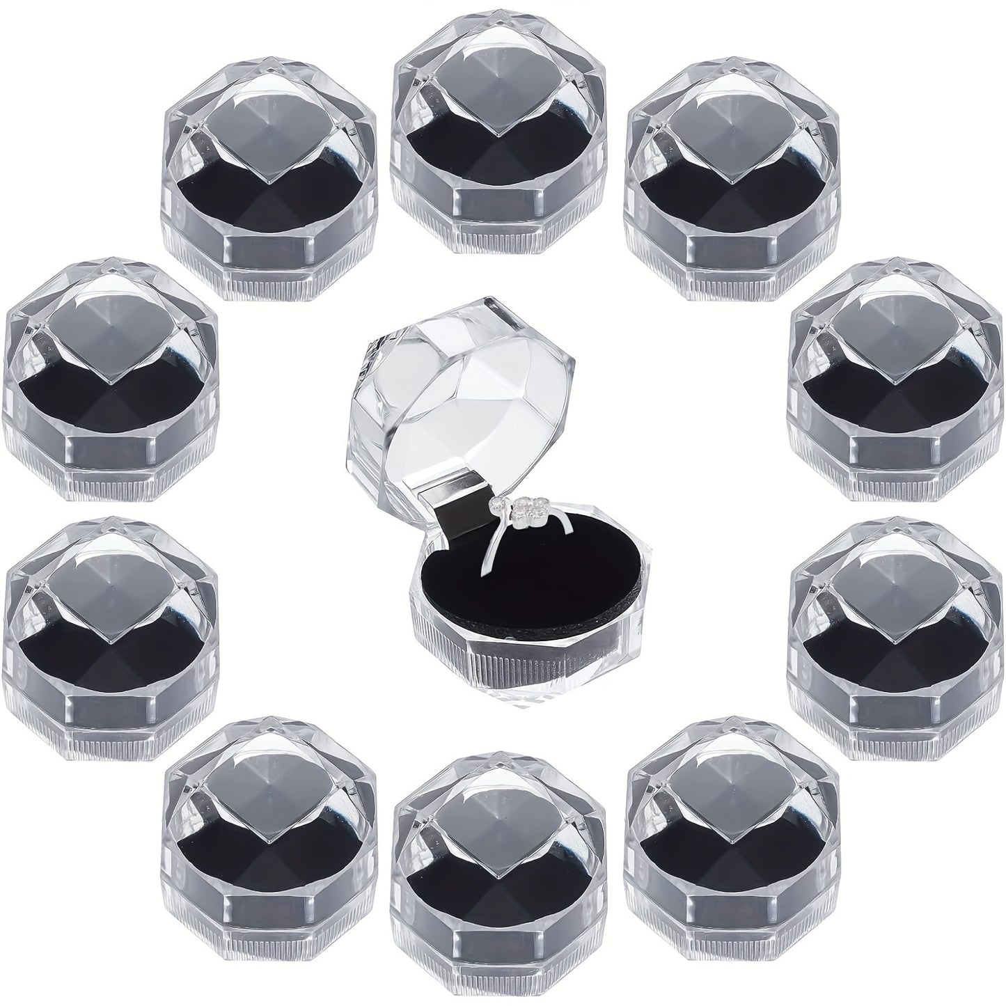 10 elegant octagonal crystal clear plastic ring boxes with metal interior - ideal for jewelry display, weddings, parties, and as jewelry boxes.