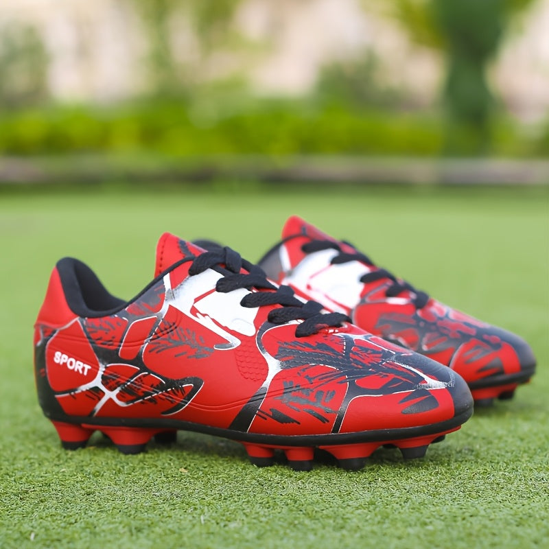 Kids' Red & Black Geometric Soccer Cleats, Spiked Sole for Grip, Breathable Design, Lace-Up Football Shoes for All Seasons.