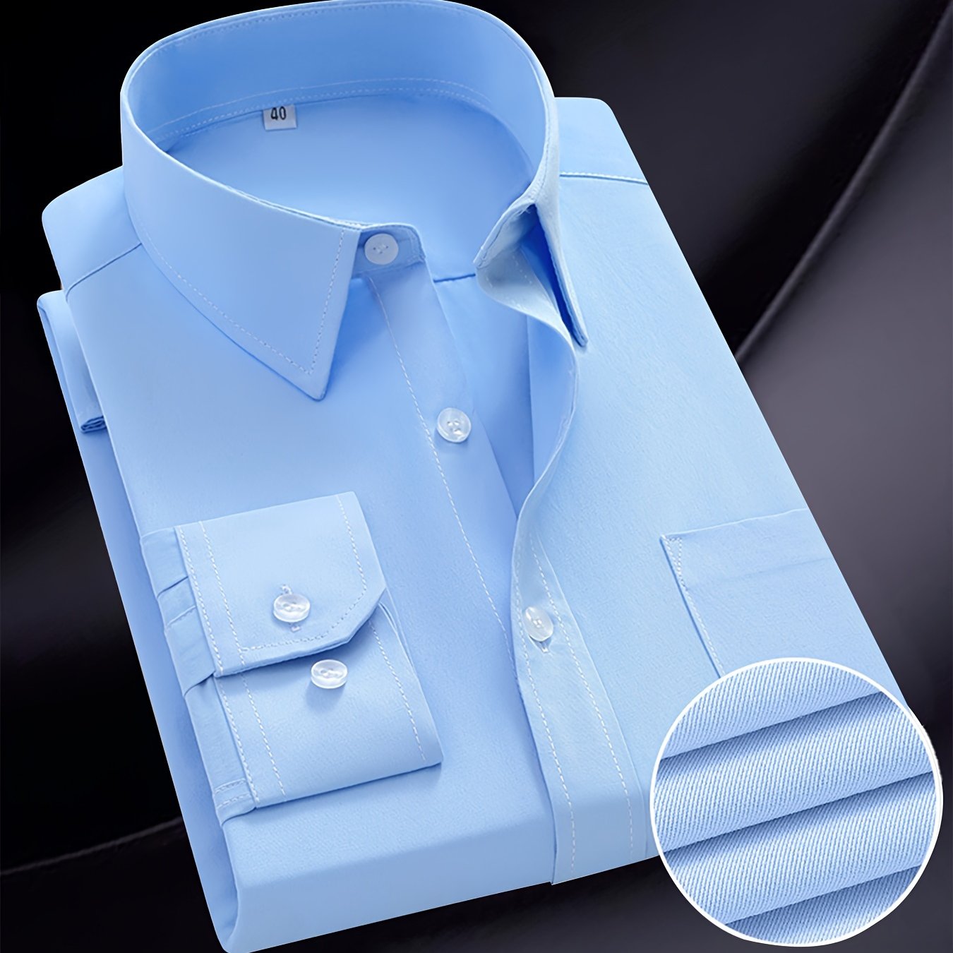 Men's classic solid color long sleeve dress shirt, made of 40% cotton and 60% polyester blend. Features a button-up closure, lapel collar, and regular fit. Ideal for mature men and suitable