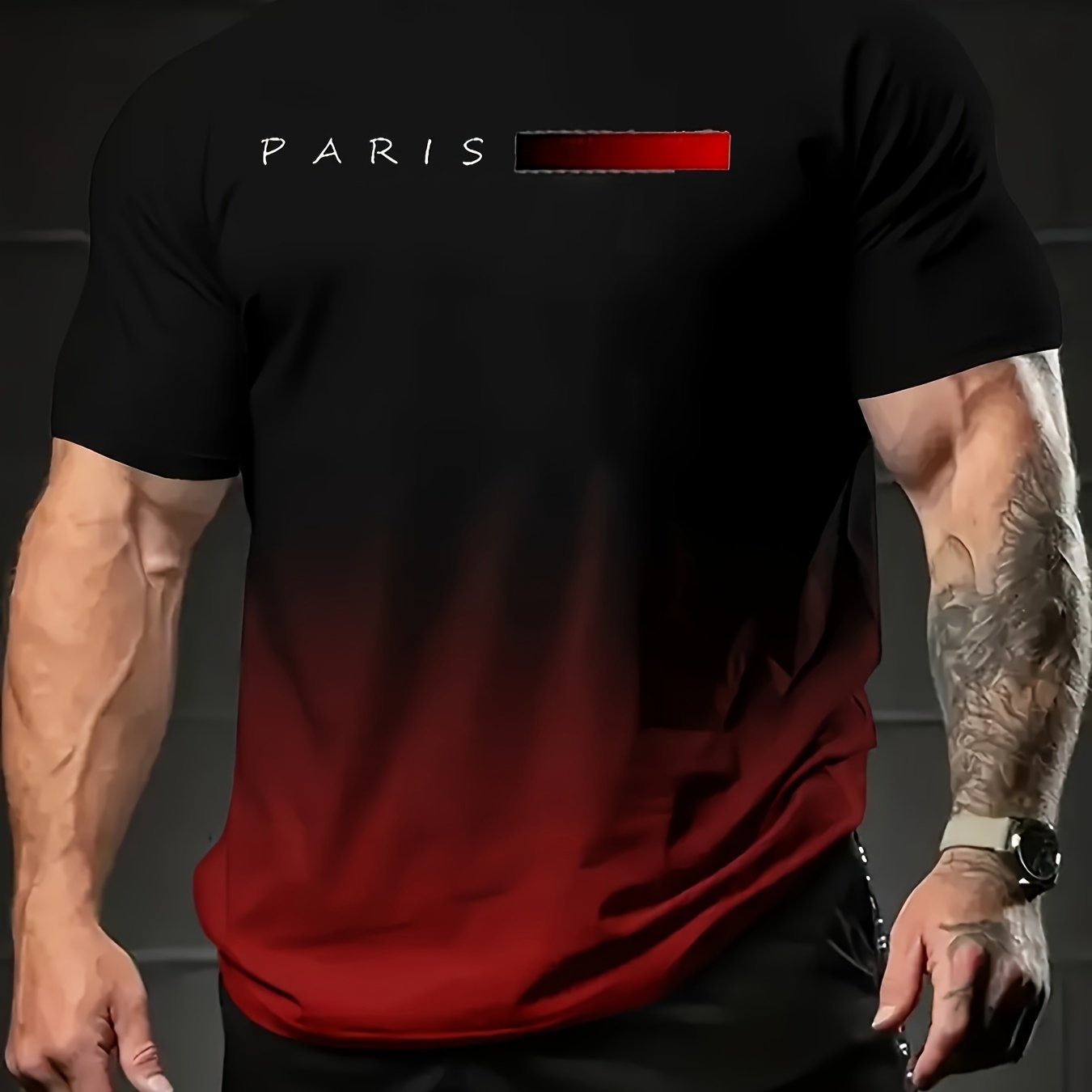 Vintage-inspired gradient Paris graphic tee for men features a black to red transition with iconic "PARIS" design. Made of a polyester blend, it has a crew neck, short sleeves, and is