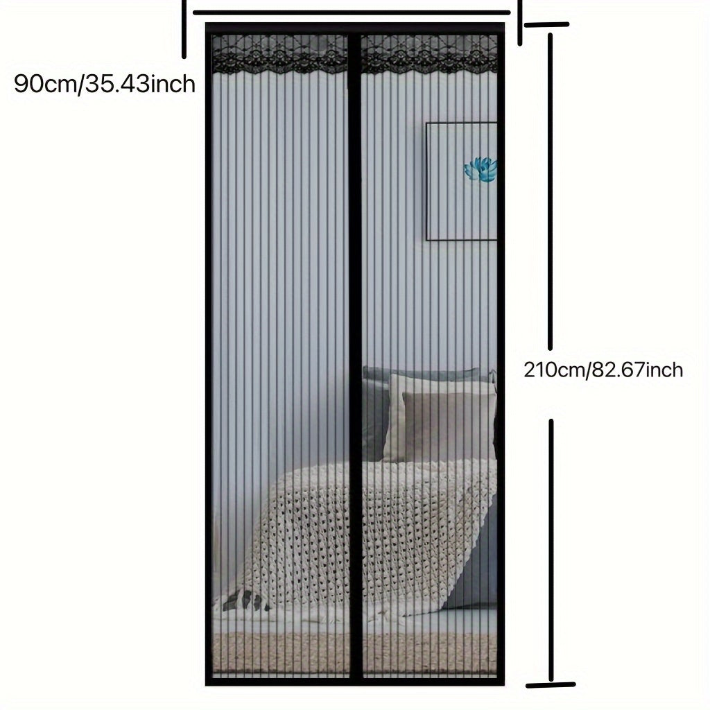 Modern black stripe magnetic screen door with automatic closing mesh for anti-mosquito protection.