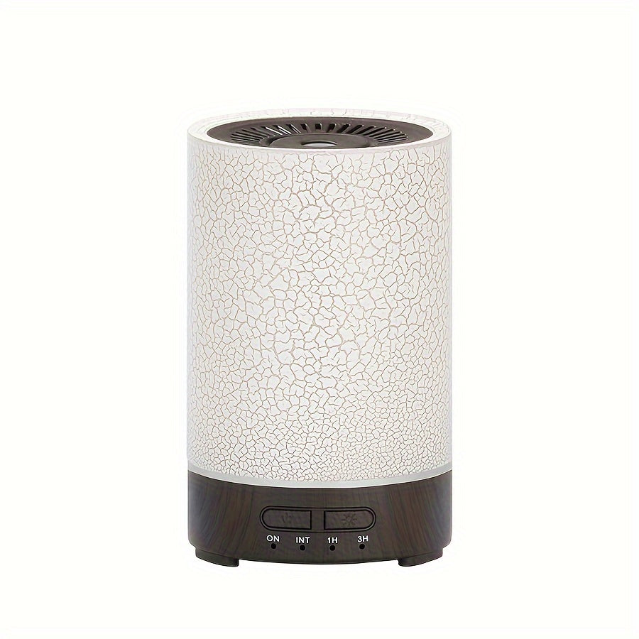 1pc Soundwave technology Humidifier with 150ml capacity, adjustable 7-color light, crack appearance design, available in white, light wood grain, and dark wood grain. USB powered and can be set to mute. Suitable for desktop, living room, office, hotel