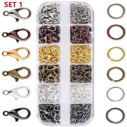 Set of lobster clasps and jump rings perfect for creating jewelry such as bracelets and necklaces. Includes hooks, chains, closures, and other accessories.