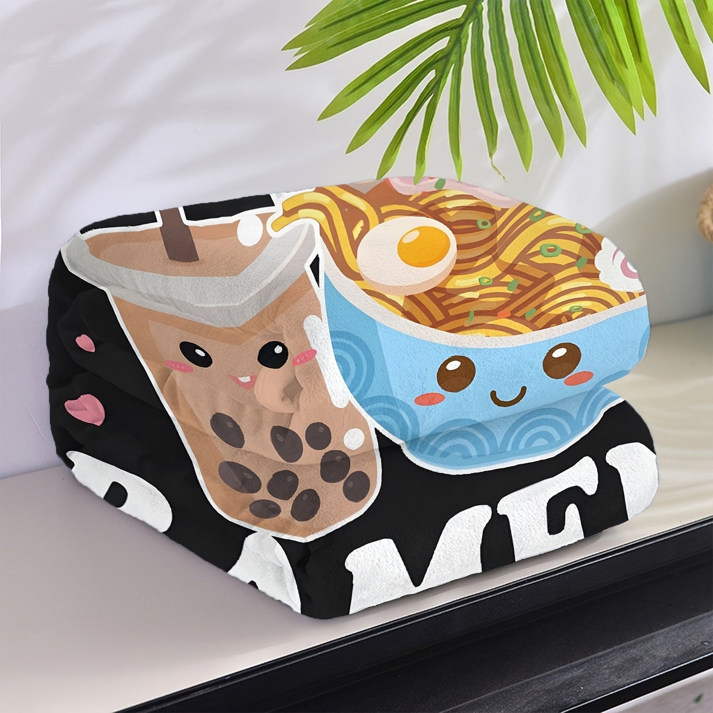 One Ramen and Boba themed blanket perfect for staying cozy in any setting. Use it as a throw blanket, air conditioning blanket, gift blanket, or nap blanket for your couch, sofa, office, bed, camping, or travel. This multi-purpose blanket is suitable for