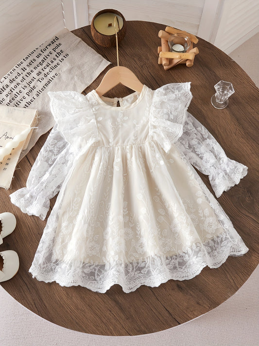 Infant girls' mesh dress with floral embroidery and chic style.