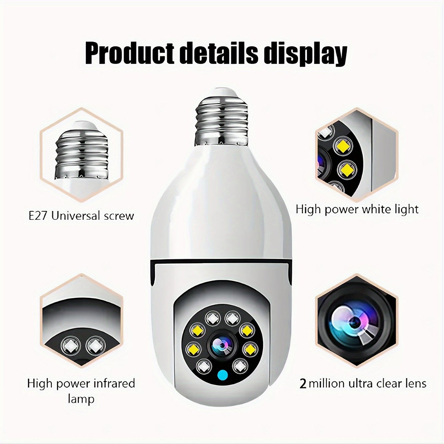 Introducing the YIIYRY Smart WiFi Bulb Camera with E27 Connector - featuring 360° Pan/Tilt, Motion Detection, Two-Way Audio, and Indoor/Outdoor Security. This camera is USB powered (no battery required) and brought to you by YIIYRY.