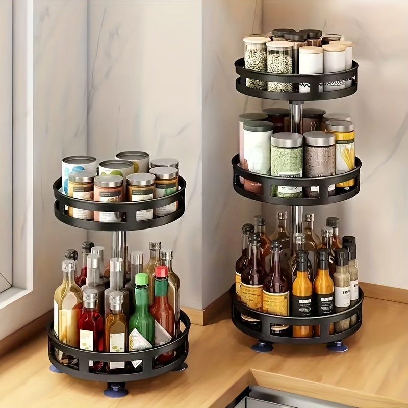 Rotating organizer for tableware, makeup, and spices to save space on countertops with non-slip design.