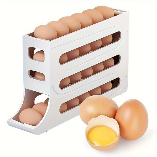 Egg holder for refrigerator with large capacity, stackable design. BPA-free plastic and no batteries required. Keep eggs fresh in the kitchen fridge.