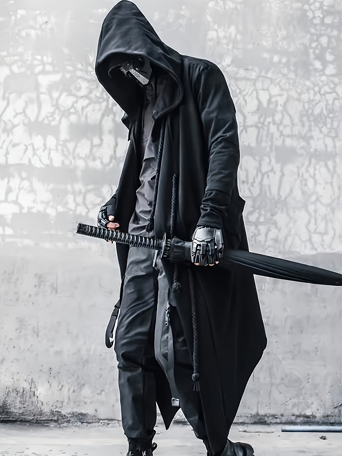 Men's black long shirt cape with hood and rope decoration, stylish streetwear with minimalist design, breathable and skin-friendly.