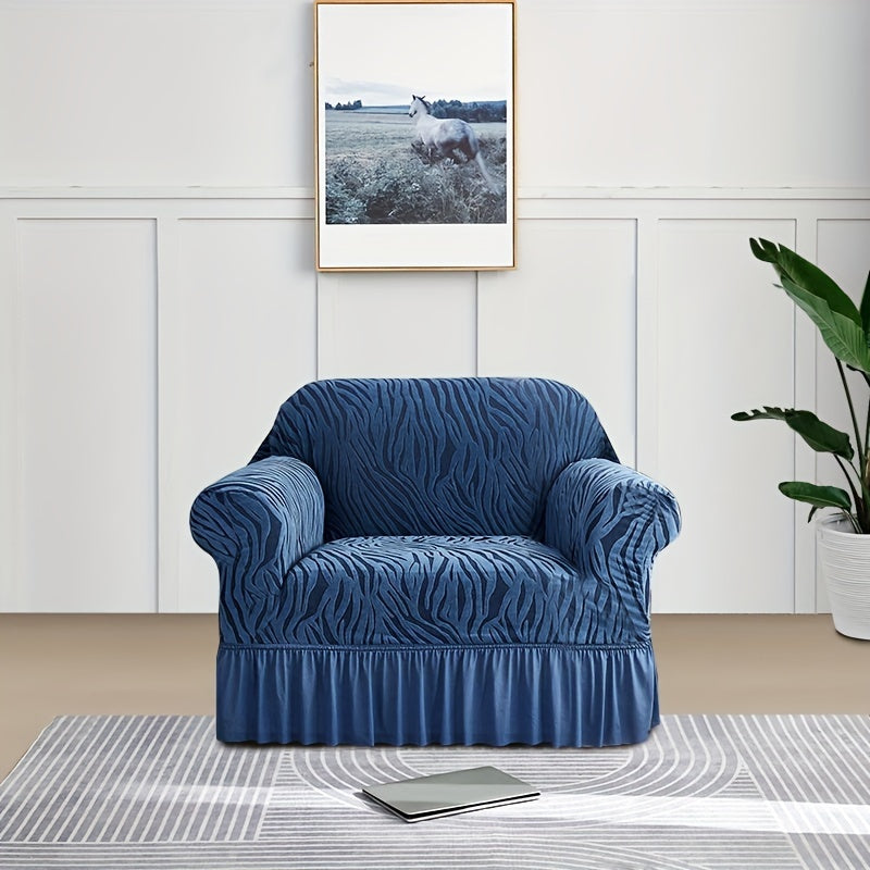 Wave pattern sofa slipcover with skirt, non-slip and dustproof. Protects furniture from cat scratches. Machine washable for easy cleaning. Suitable for bedroom, office, or living room décor.