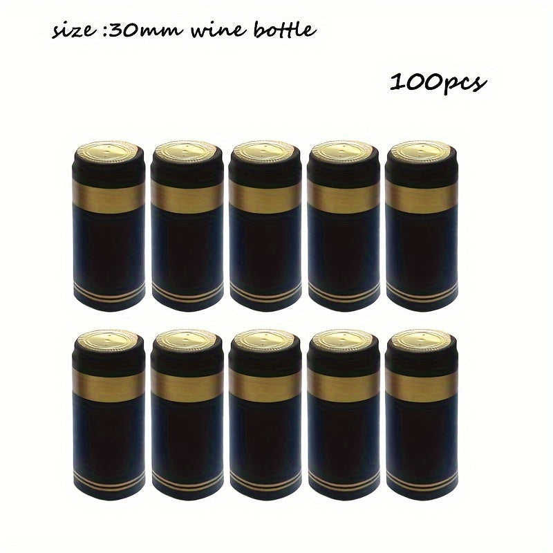 100 PVC heat shrink capsules with tear tab for wine bottles; shrinkable film wrap for straight mouth bottles.