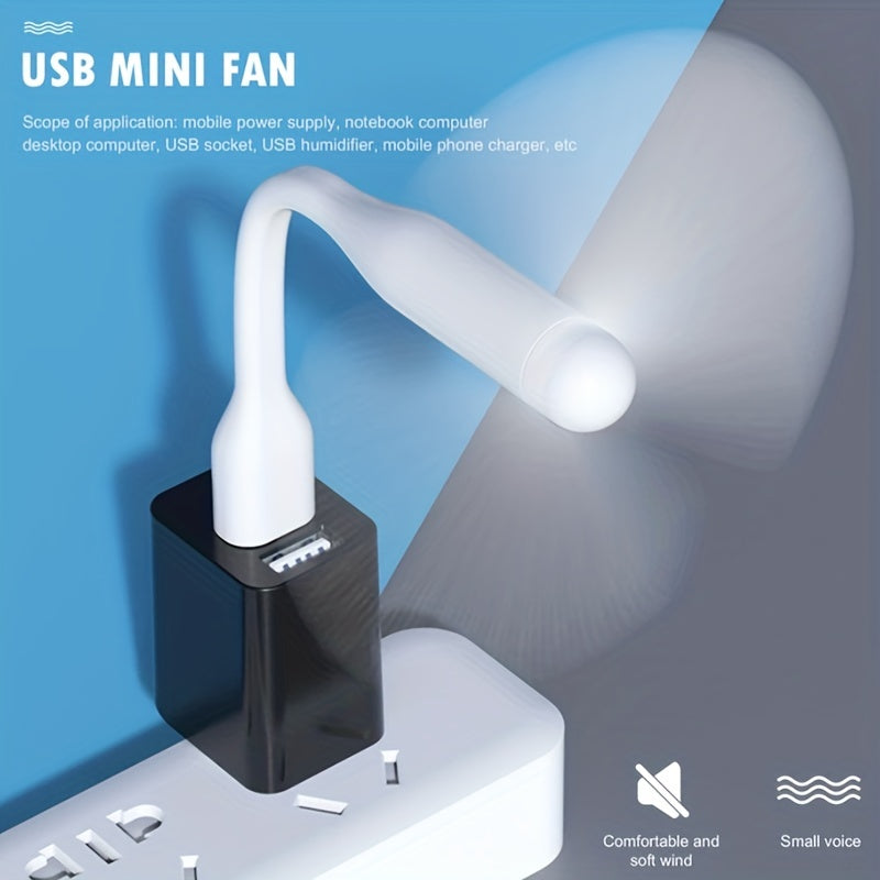 Mini USB fan with flexible bendable design for cooling, includes USB LED light for power bank, notebook, and computer. A summer gadget.