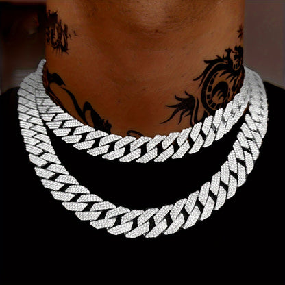 [Bestselling] Men's 15mm Golden Cuban Link Chain Necklace, Miami Hip Hop Style with Iced-Out Faux Diamonds, High-Quality Zinc Alloy Material