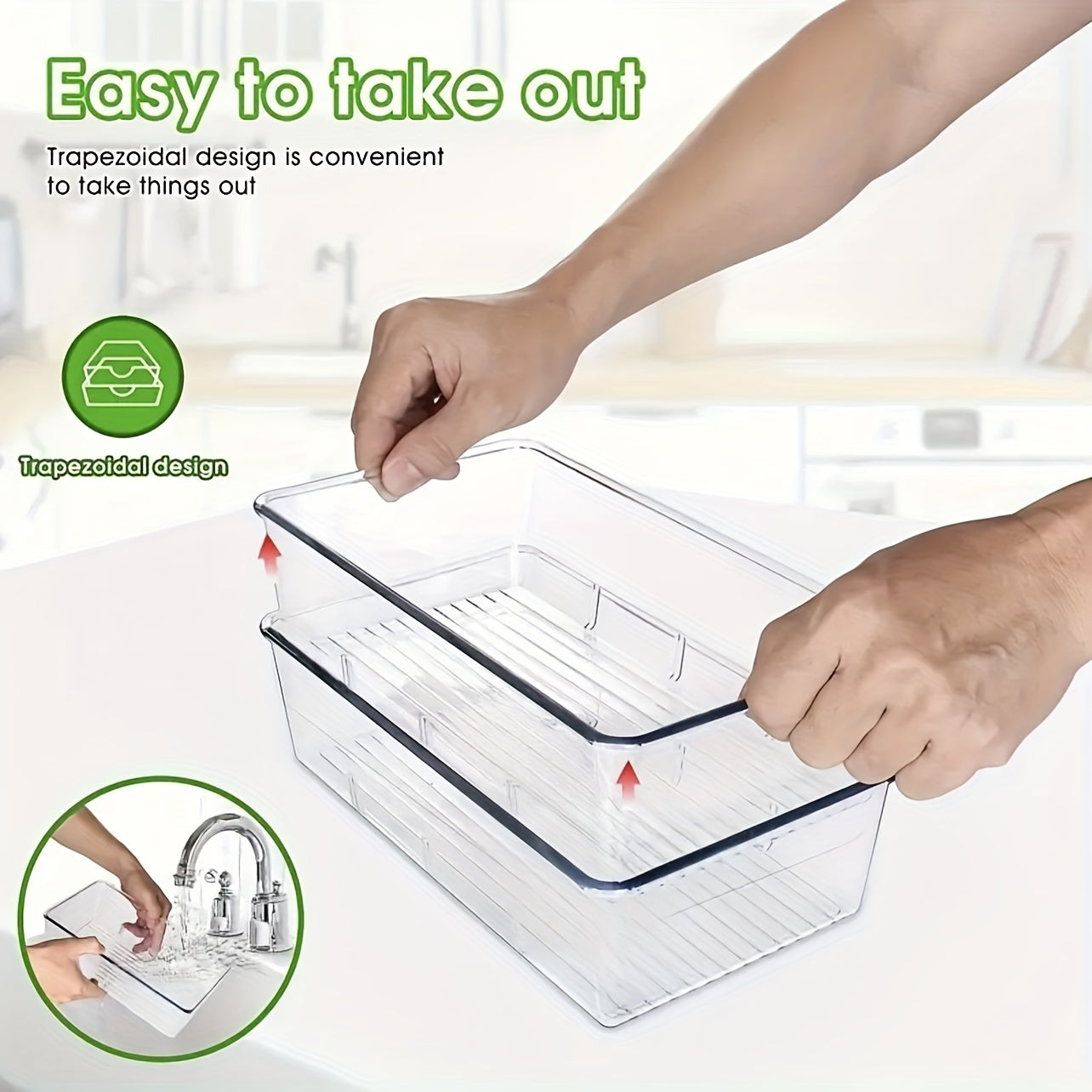 Transparent refrigerator organizer bins available in sets of 2, 4, or 6, featuring removable dividers. Ideal for storing various items such as fruits, vegetables, meat, eggs, ginger, garlic, and more. Perfect for keeping your kitchen organized at home or