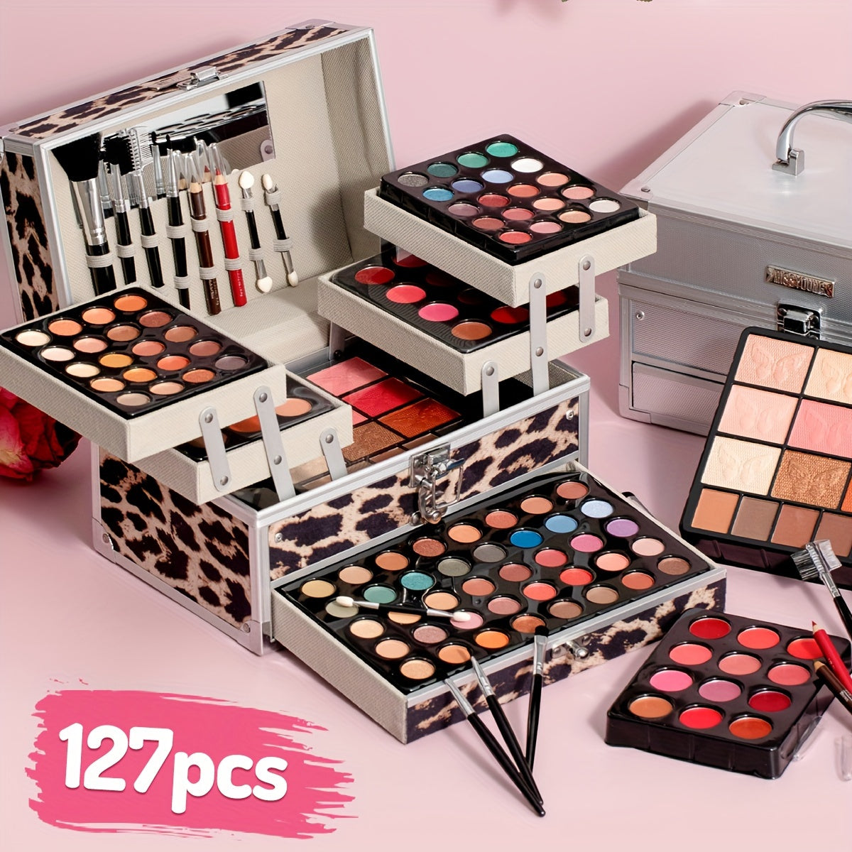 Portable travel facial cosmetics set with leopard print matte velvet, creamy, high-shimmer, and glitter texture multi-use makeup palette. Includes blush, eye-shadow, contour, and