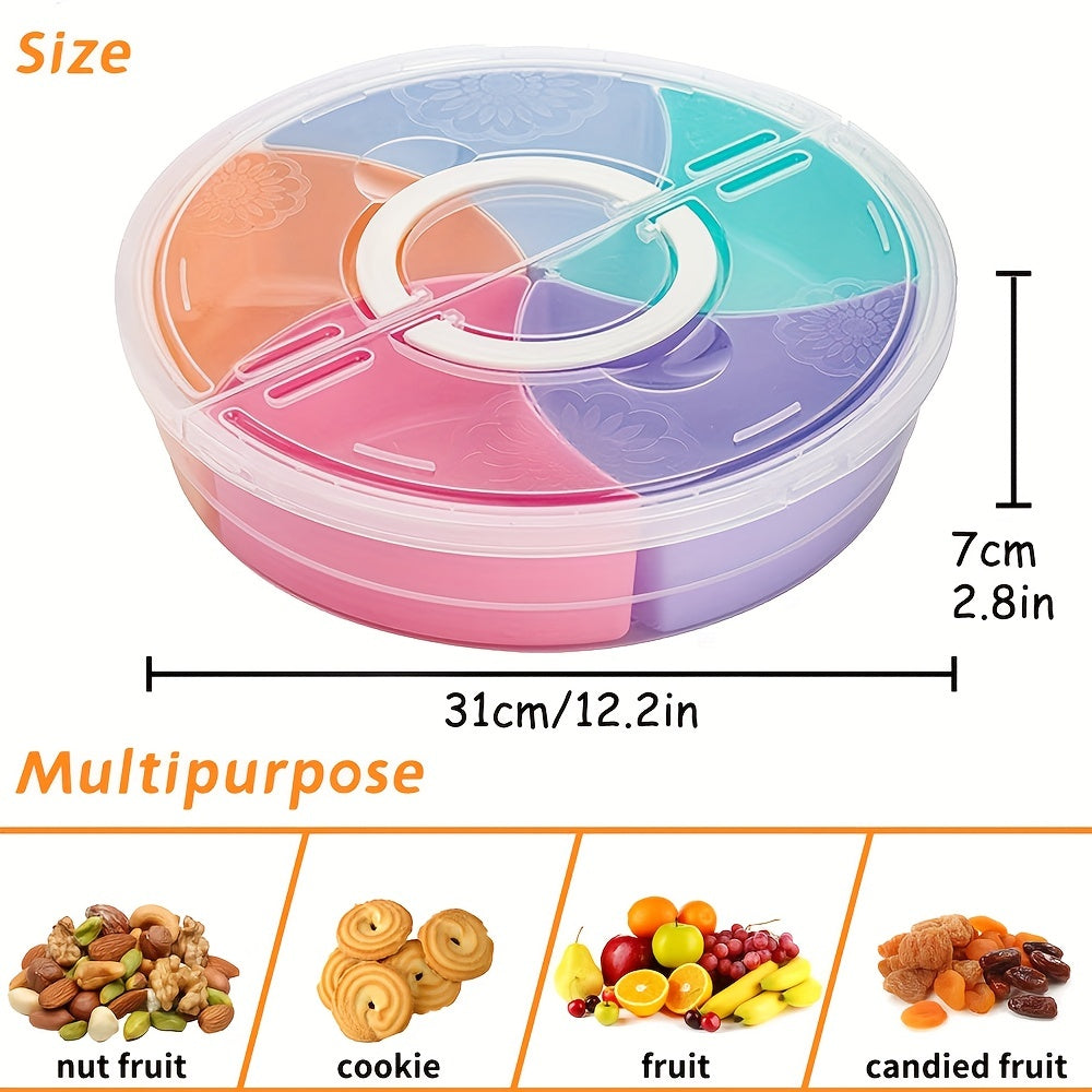 Fruit snack serving tray with lid, 30.99 cm container, 5-compartment round platter for parties.