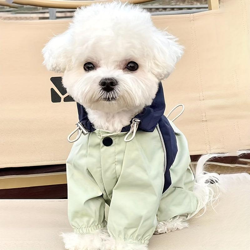 Waterproof pet raincoat with hood for small dogs and cats in light green PVC material. Features stylish two-tone design, button closure, and is hand wash only. Ideal for Teddy and Bichon