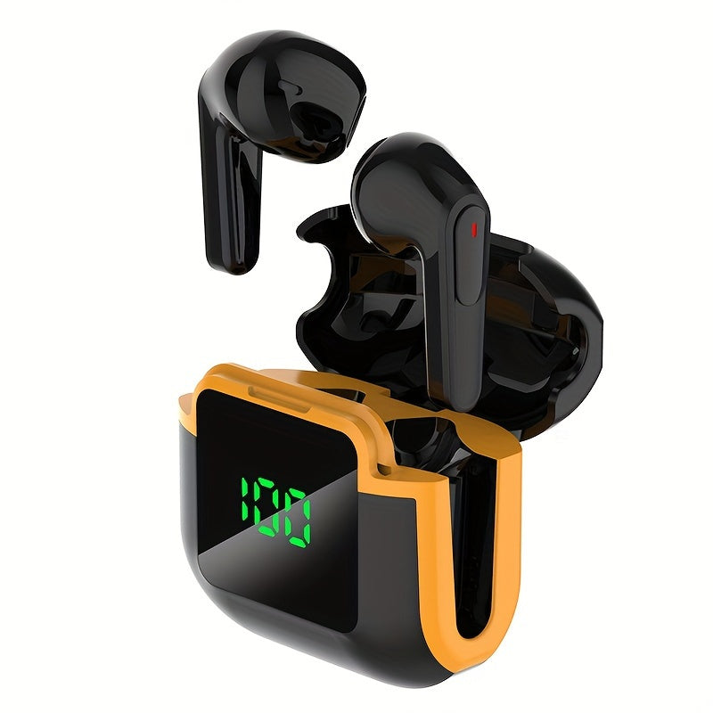 Black & Orange TWS Wireless Earbuds with LED Display - Touch Control, Sports & Gaming, Type-C Charging Case, Android Compatible