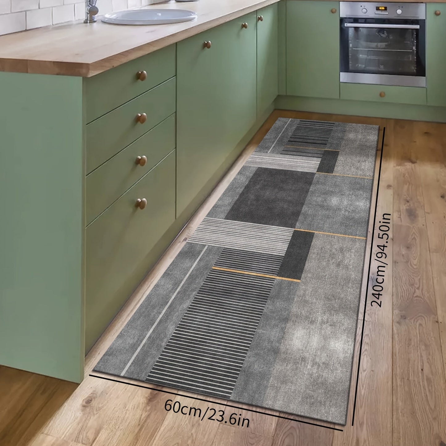 One piece of modern absorbent floor mat that is anti-fatigue and oil-proof, suitable for use in the kitchen. This non-slip kitchen rug is waterproof and can be used as a runner rug or standing desk mat. Perfect for use in the house, sink, office, or