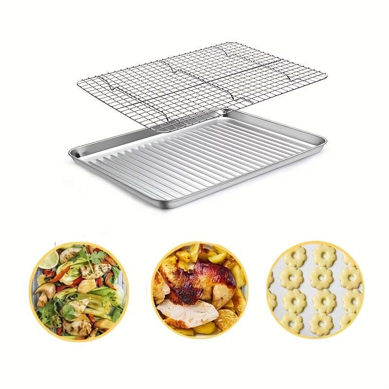 Durable Stainless Steel Baking Sheet Set with Cooling Rack - Safe, Sturdy, and Convenient for Baking and BBQs - Comes with Oven-Safe Wire Rack for Easy Cooking