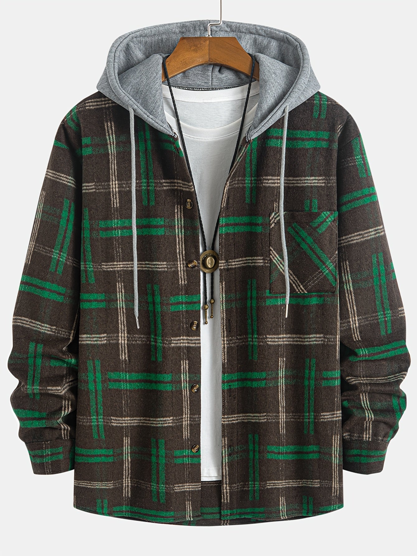 Stylish and versatile men's plus-size jacket with a Harajuku-inspired plaid pattern, faux two-piece design, and color-blocking. Perfect for everyday wear.