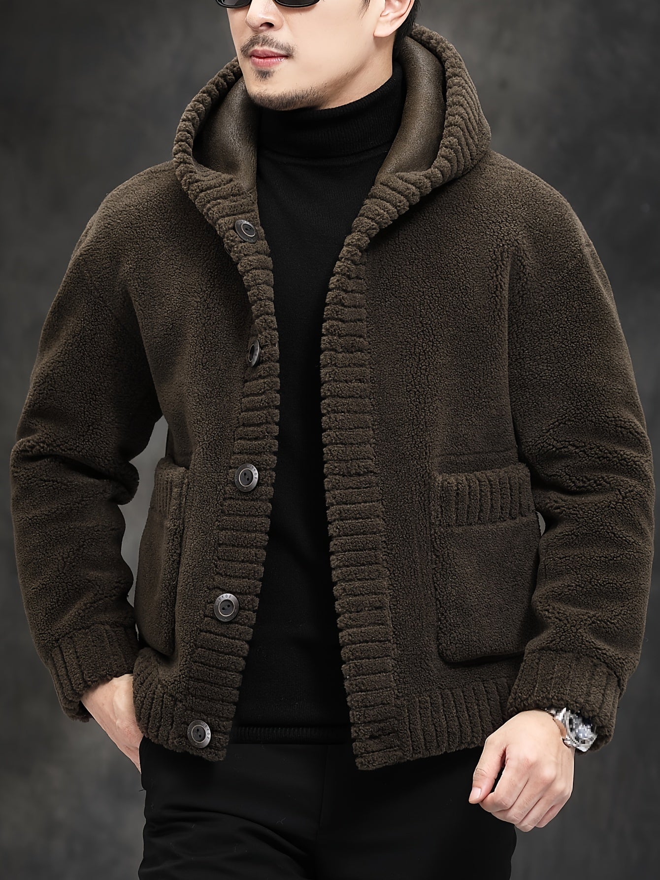 Men's faux fur hooded jacket with drop shoulder sleeves, windproof and warm, solid color, button closure.