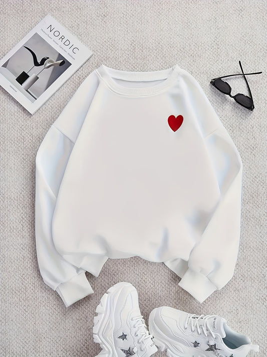 Women's embroidered heart pullover sweatshirt made of 100% polyester knit fabric with a crew neck and slight stretch. Ideal for all seasons as casual sportswear.