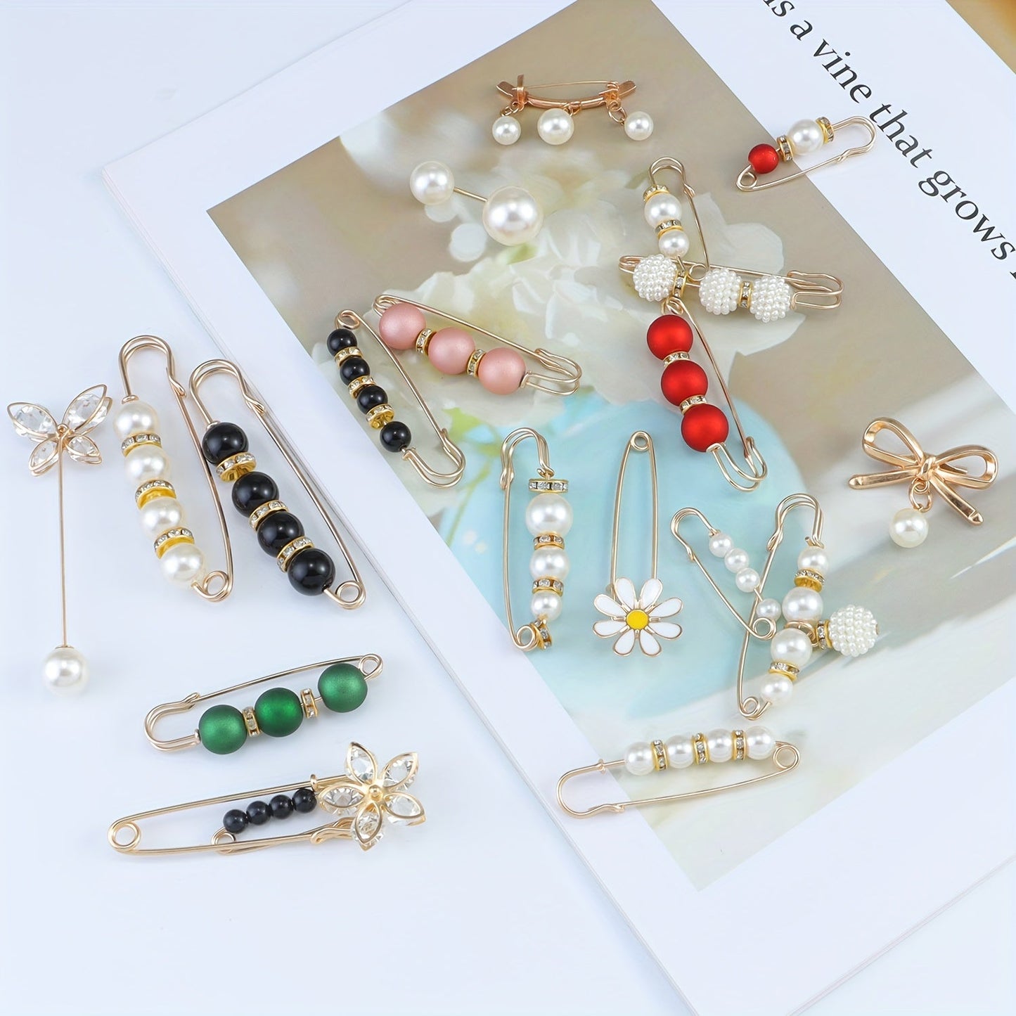 Set of 20 Elegant Minimalist Mixed Brooch Pins with Pearl Embellishments. These Safety Pins feature Irregular Shapes and are Versatile Fashion Accessories for Scarves, Dresses, and Waist Cinchers. Add a touch of Decorative Jewelry to your Clothing.