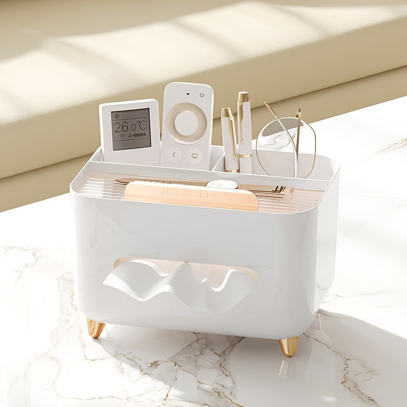 1pc Multifunctional Desktop Organizer with Tissue Box, Remote Control and Miscellaneous Storage, Plastic Tissue Holder