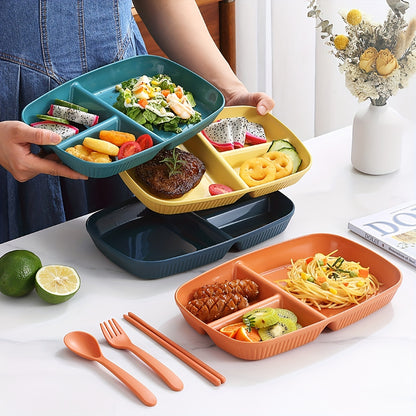 1-pc divided plates for portion control, including dessert and salad sections, made of microwave and dishwasher safe PP material.