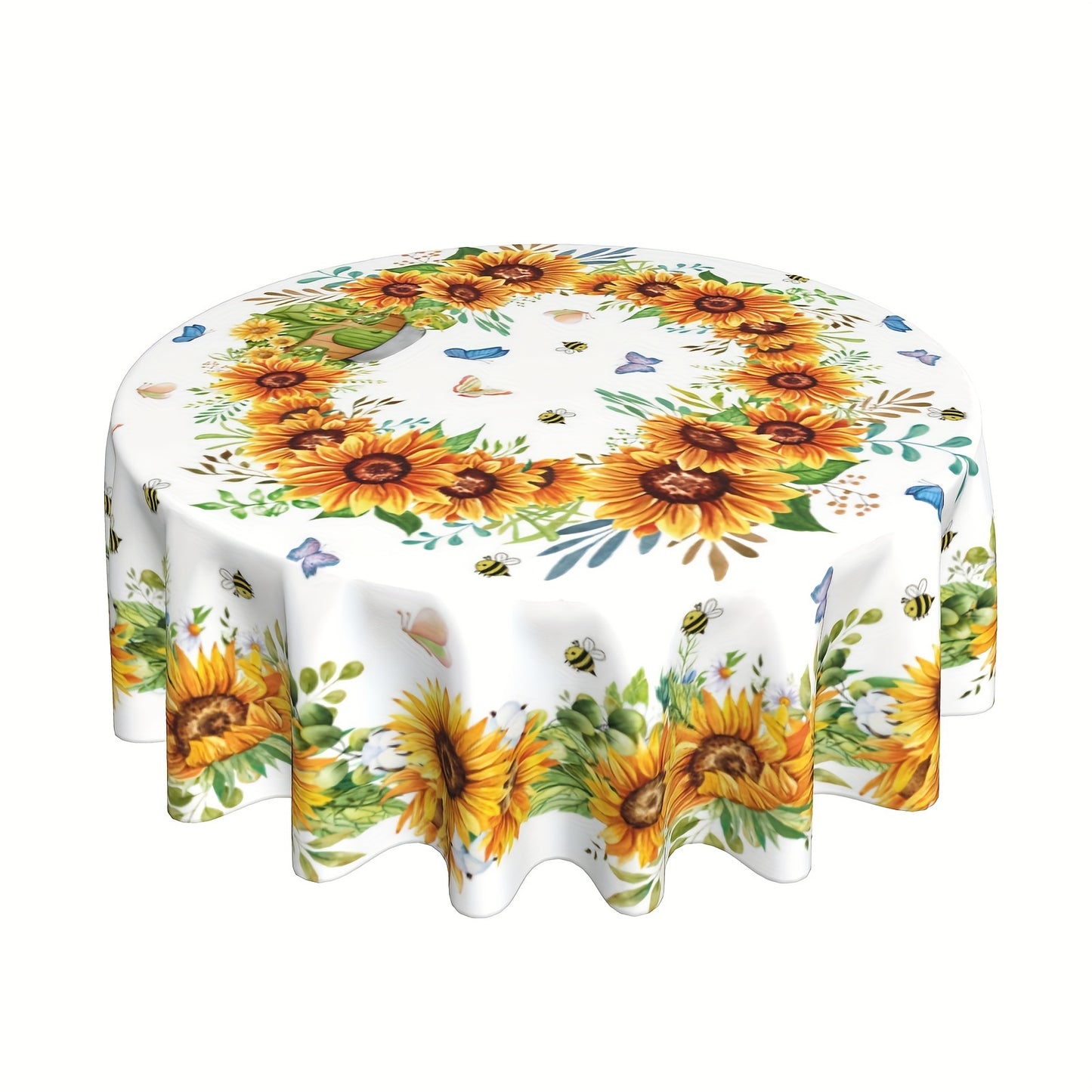 Summer sunflower tablecloth with vibrant floral design, butterflies & bees. Stain & wrinkle-free polyester, round farmhouse style for home kitchen, dining, picnic decor. Great gift. Sunflower pattern. Stainfree fabric for sunflower kitchen decor.