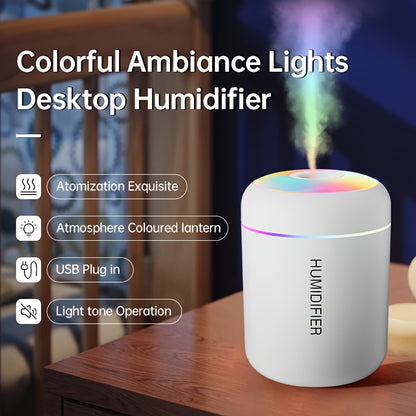 Portable USB-powered humidifier with lights, aromatherapy option - great for cars, offices, bedrooms, and tents.