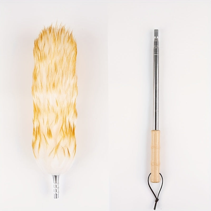 The Wool Duster is a household cleaning tool with a retractable and detachable wooden bamboo handle that extends up to 223.01cm. It effectively absorbs ash and eliminates dust without causing any mess.