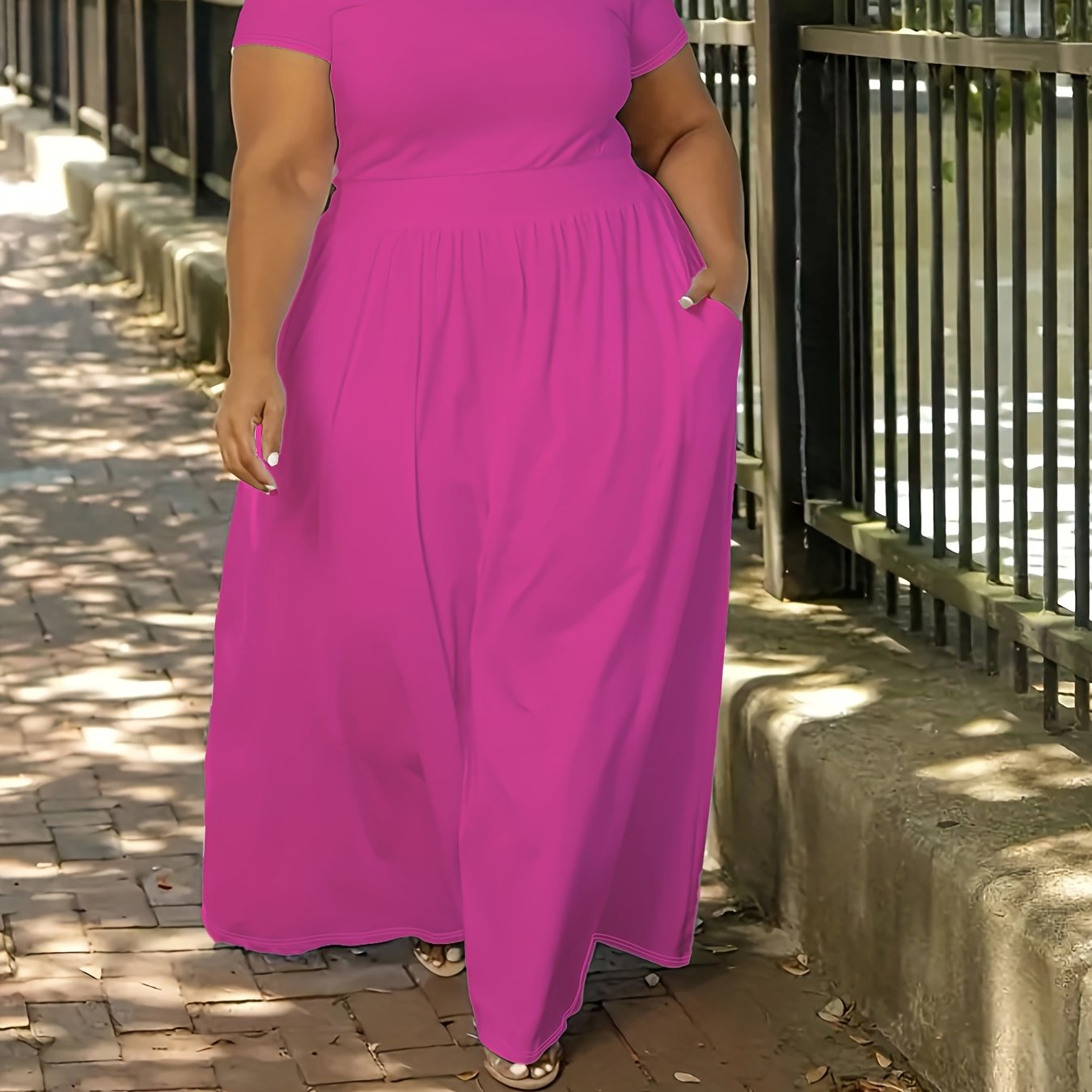 Stretchy solid maxi dress for plus size women with short sleeves