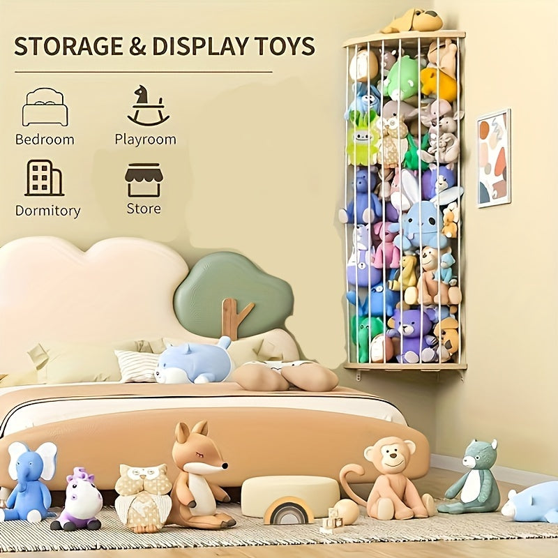 Adjustable Wall-Mounted Wooden Plush Toy Organizer - Space-Saving Storage Solution with Large Angle Design for Living Room & Bedroom