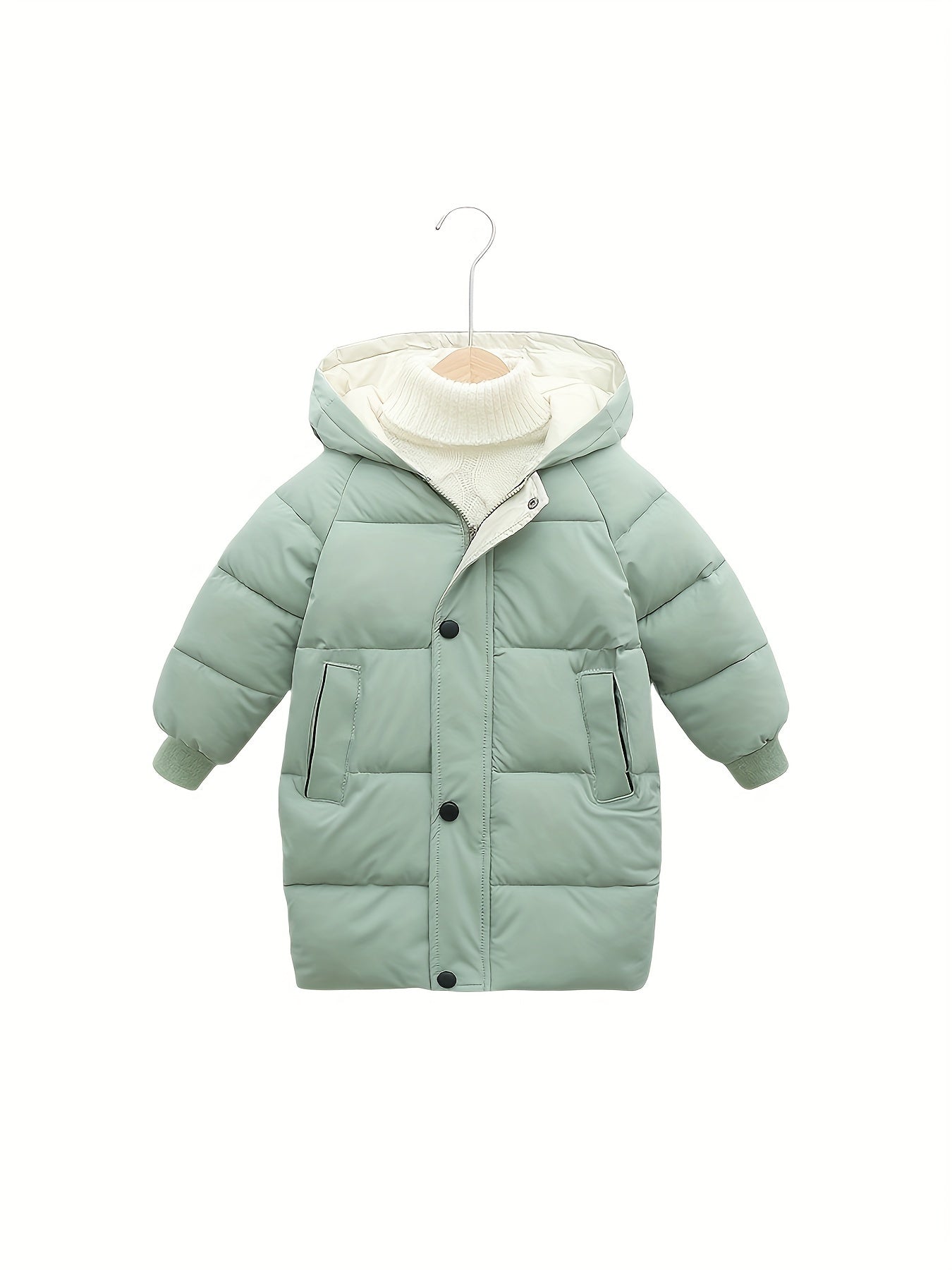 Kids' mid-length hooded coat made of 100% windproof polyester for warmth in fall/winter. Casual style with zipper and regular fit. Solid color raglan sleeves and thick material.