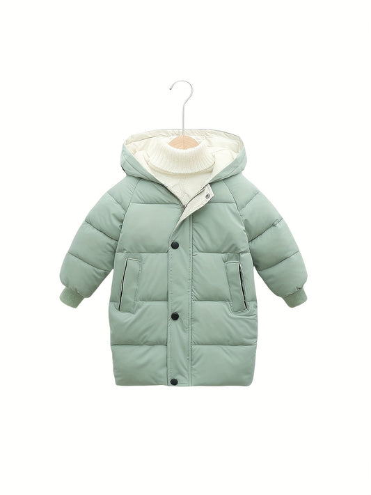 Kids' mid-length hooded coat made of 100% windproof polyester for warmth in fall/winter. Casual style with zipper and regular fit. Solid color raglan sleeves and thick material.