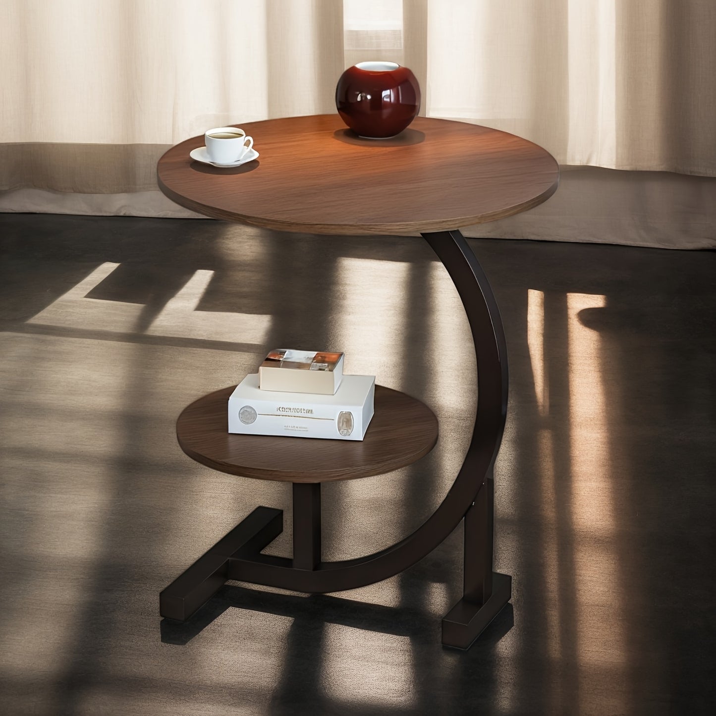 40.13cm chic circular coffee table with waterproof double-layer design, easy assembly, solid wood top, and sturdy metal base for indoor use.