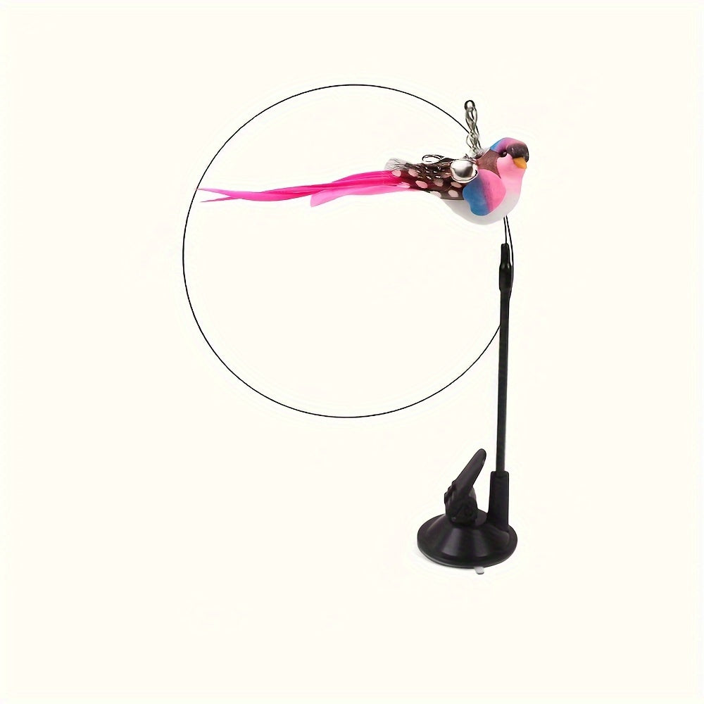 Interactive cat teaser wand with suction cup base, bell, detachable bird toy. Polyester blend, no batteries required. Ideal for indoor play with pet cats.