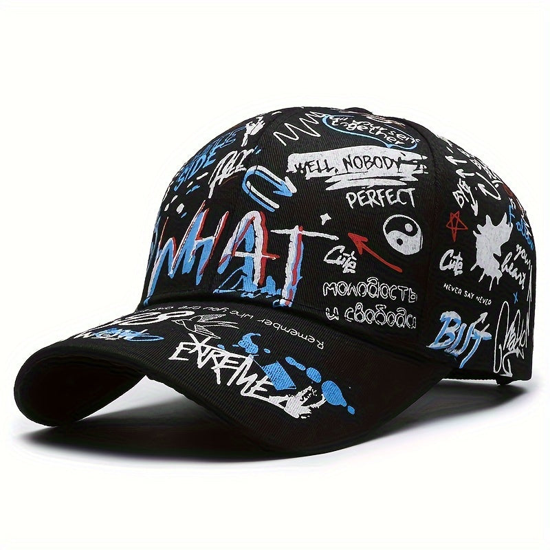 Polyester graffiti print hip-hop baseball cap with PVC coating. Perfect for parties and festivals. Hand washable.