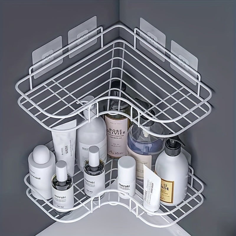 Rust-proof wrought iron wall-mounted triangular shower caddy with 2 shelves for bathroom storage.