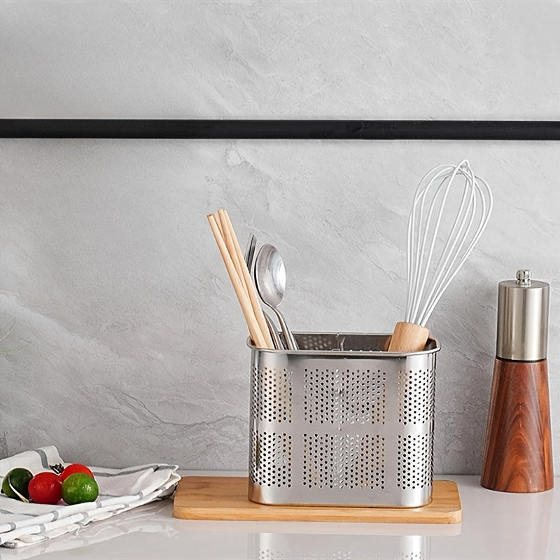 Stainless Steel Chopstick Holder with Drain Rack - Dual-Compartment Organizer for Utensils, Stationery, Makeup Brushes - Rectangular Shelf for Wall or Tabletop - No Wood or Power Needed - Open Storage Design.