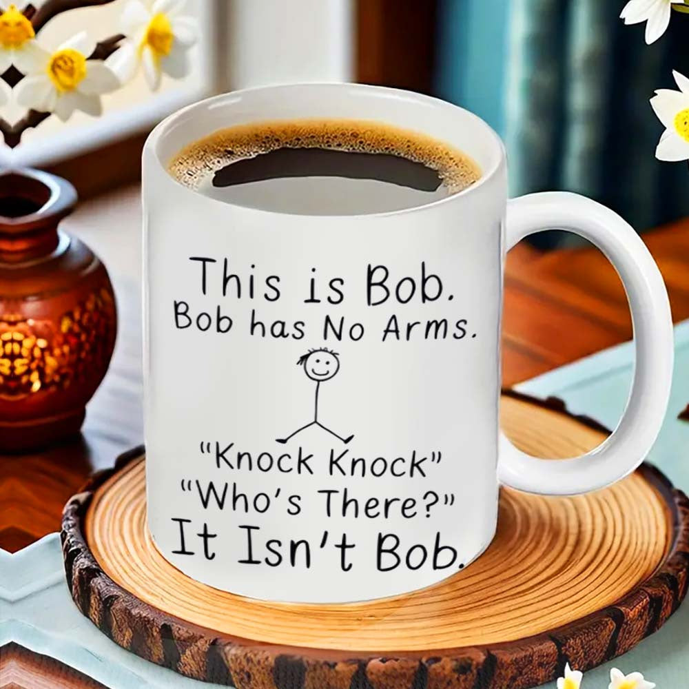 Get a laugh with the 1pc humorous 'Bob Has No Arms' ceramic mug! This versatile coffee cup is perfect for the office, camping, or dining. It's food-safe and requires no electricity. Ideal for gifting!