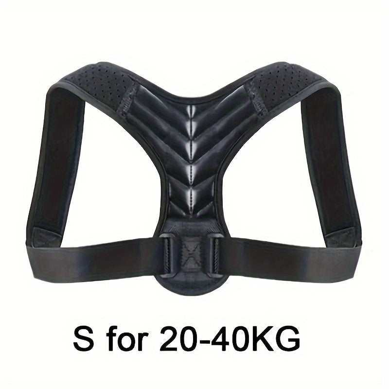 Sleek black posture corrector with adjustable straps for men and women, provides clavicle and lumbar support, made of durable polyester, hand-washable.